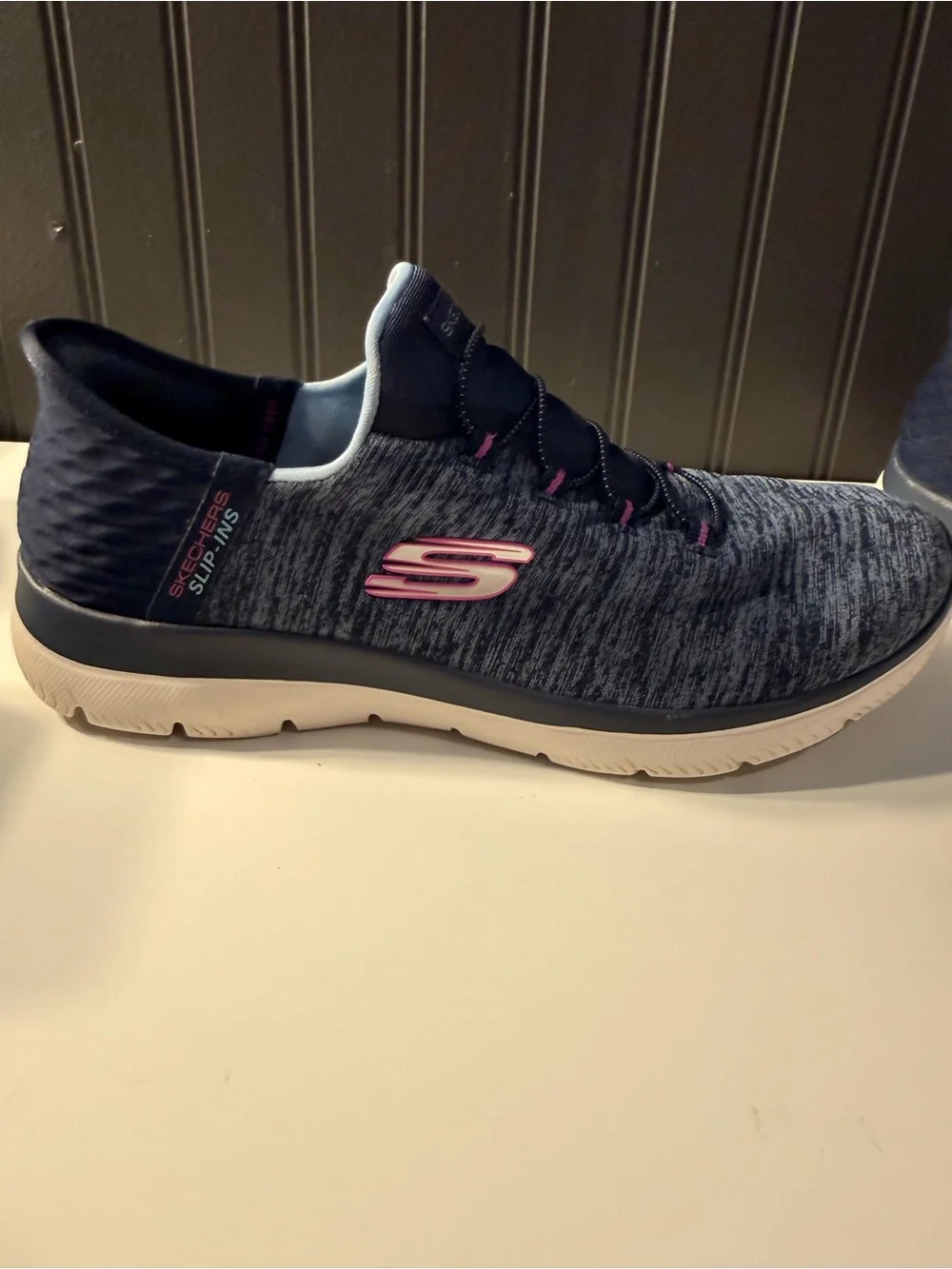 Skechers women’s slip navy -On Athletic Sneakers with Pink Accents